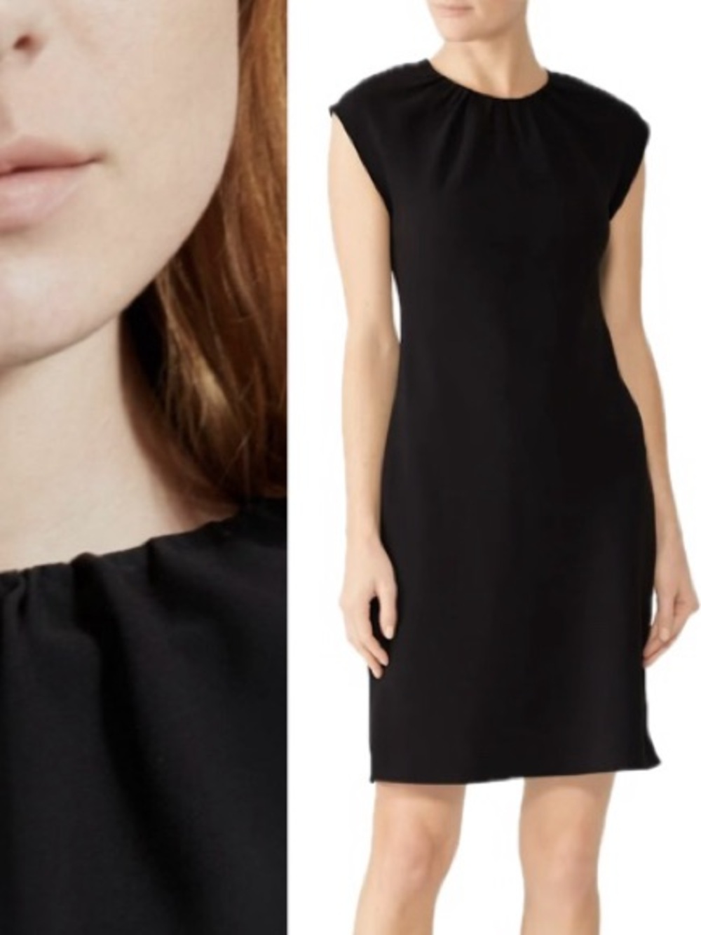 Theory Black Crepe Sheath Dress Size 8 Sleeveless Classic Tailored Shirred Neck